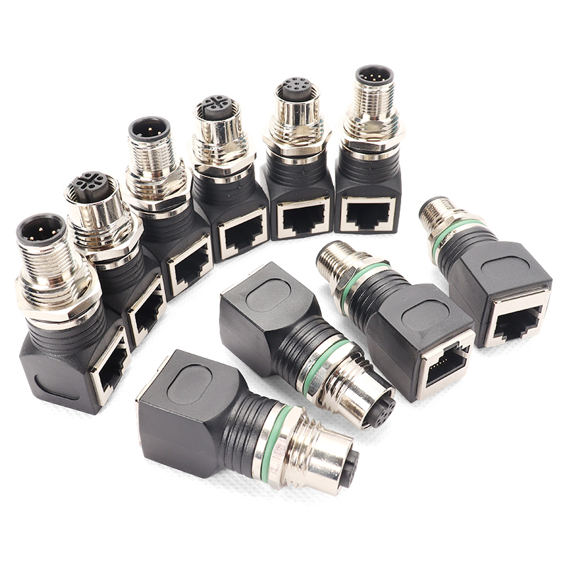 M12转rj45连接器转接头适配器ADX编码4芯8芯公母弯直头防水连接器